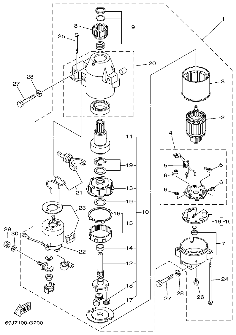 Yamaha F200BET, FL200BET STARTING MOTOR parts diagram